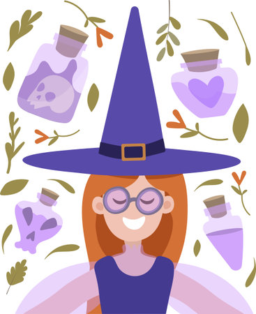 Vector illustration of a red-haired witch with glasses smiling on a dark background among herbs and potions. Illustration in flat style for cards, invitations, banners, posters. Design for halloween fall.のイラスト素材