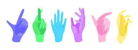 Vector hand and gloves, flat design.Medical latex glove in various hand poses. Flat vector illustration isolated on white background. Medical antibacterial gloves of different colors.のイラスト素材