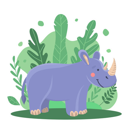 Vector illustration of a cute cartoon rhino among the branches and trees in the jungle. Cute illustration for print, illustration for a book, design of children's things. Kind animal from the wild forestのイラスト素材
