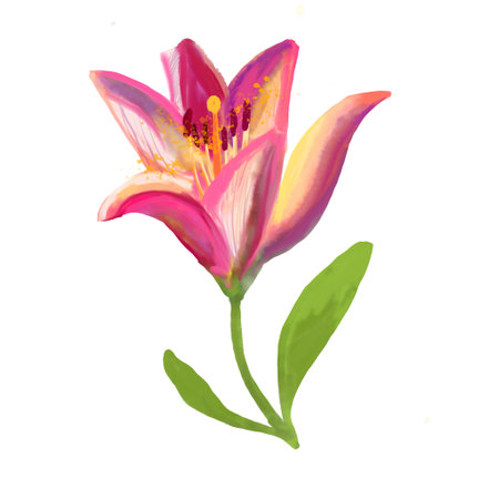 Lily hand-drawn watercolor on a white background isolated. beautiful flower with green leaves, pistil and stamen. Cute drawing Botanical theme. High quality illustrationの写真素材