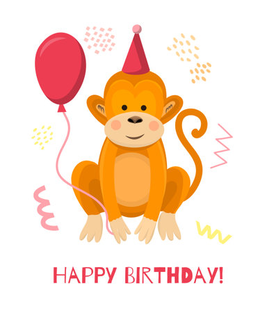 Cute cartoon monkey wearing a festive pink hat with a pink balloon.のイラスト素材