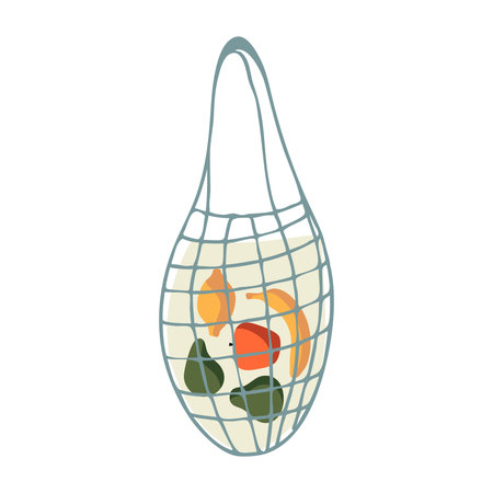 illustration of a mesh shopper with fruits. Mesh bag with groceries. Zero waste. Clip-art for eco lifestyle concept design. Flat style bag on white isolated. String bag.のイラスト素材