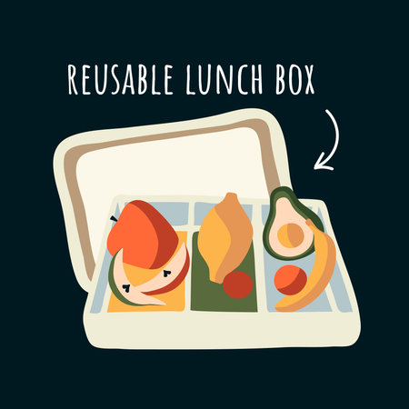 illustration of a reusable lunch box with vegetables and fruits. Clip art, sticker, patch, illustration in trendy flat style. On dark in isolation with a signature.のイラスト素材