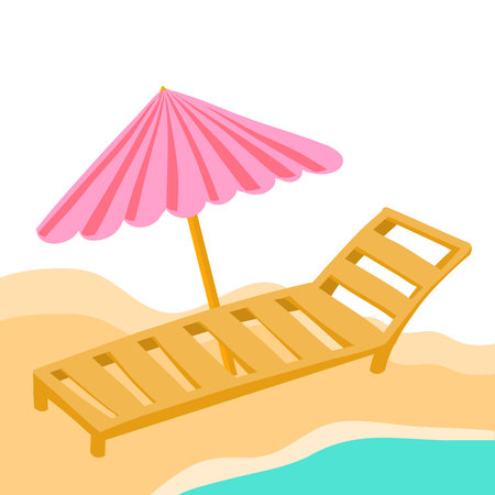 illustration with lounger, umbrella, ocean shore and sun. Postcard, hello from vacation, poster, poster, post splash, cute illustration in flat hand drawn style. Beach furniture background.のイラスト素材