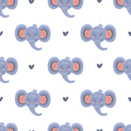 Seamless pattern with an elephant on a light background. Cute elephant head and small hearts. Hand drawn illustration in flat style.のイラスト素材