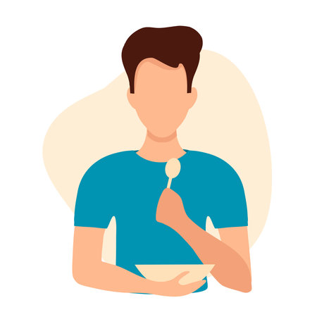 illustration of a man eats with a spoon from a plate. Infographics illustration about proper nutrition and healthy lifestyle for a woman. Vegetarianism, breakfast and natural health food intake.のイラスト素材