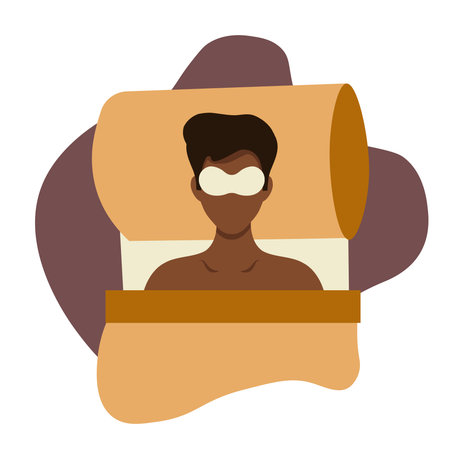 flat illustration of a black man sleeping in a mask. Healthy sleep infographics, central illustration. An African sleeps in a bed on a pillow. Black guy in a sleep mask.のイラスト素材