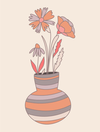 Blooming poppy and wildflowers in a vase, detailed hand drawn illustration with pattern.のイラスト素材