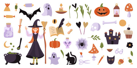 Big vector set of Halloween characters. Scrapbook elements on textured background. Vector illustration with a witch, cauldron, ghosts and pumpkins. Design elements for social media decoration.のイラスト素材
