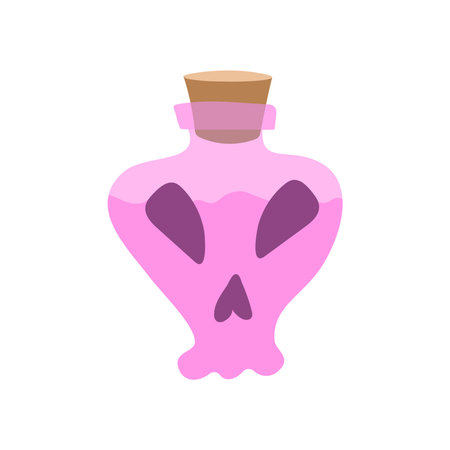 Potion bottles vector icon of witch magic elixir or alchemist poison. Evil wizard glass jars and magician flasks with colorful liquid, creepy skull tags and corks. Magical drink, Halloween designのイラスト素材