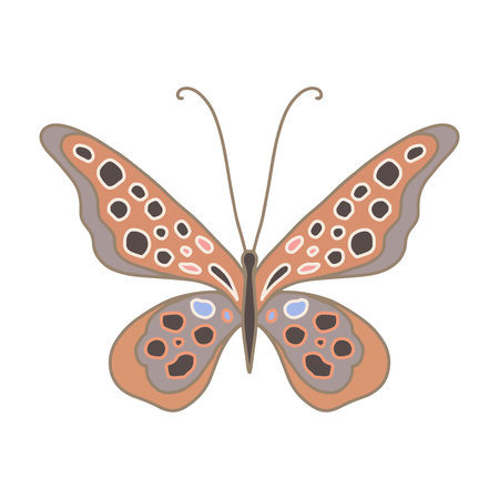 Vector illustration of an orange butterfly with thin wings and small black spots. Graceful butterfly for make-up studio  beauty brand decoration, Beautiful and cute butterfly isolated on white.のイラスト素材