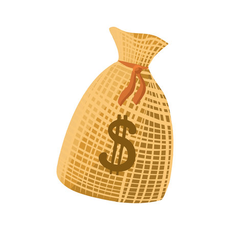 Vector clip-art bag with dollar. Straw cowboy bag of money. Flat style cartoon sticker on white isolated. Illustration for games in the style of wild west, western, cowboys and bank robberies.のイラスト素材