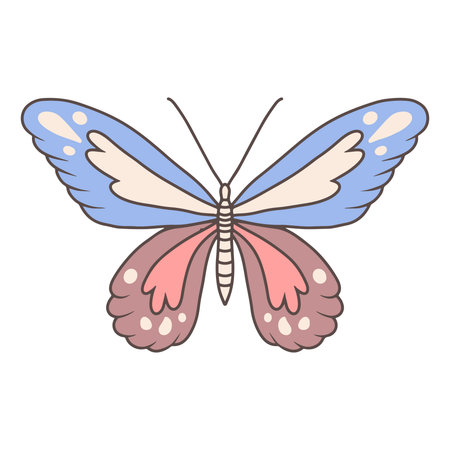 A moth, a wildlife insect, an amazing fly butterfly. Vector creative bohemian concept for invitations, cards, tickets, branding,  labels. Black, blue and purple. Isolated drawing of a butterfly on a white backgroundのイラスト素材