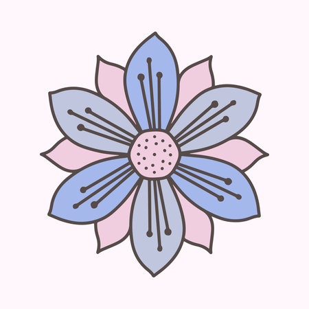 Isolated vector cornflower on a white background. Beautiful blue flower top view. Graceful lilac for printing on various media, dishes, fabrics, papers, postcards. Decolrative design elements in soft blue shades in line art styleのイラスト素材