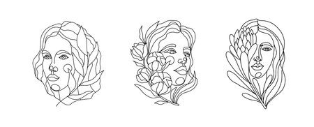 Set of continuous line art female faces with leaves and flowers. A modern set of minimalistic female portraits from lines in a trendy fashion style. Vector portraits of a woman, t-shirt with print, postcard, poster.のイラスト素材