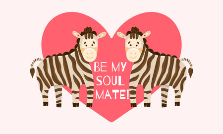 Two zebras on the background of a large pink heart. Cartoon zebras in flat style. Inscription be my other half. Valentine s Day card.のイラスト素材