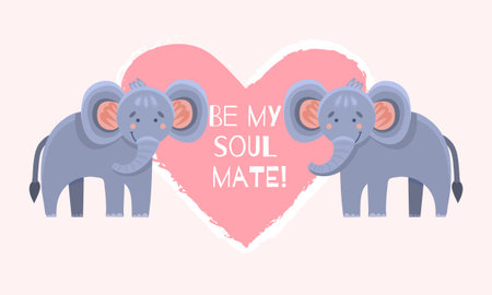 Postcard with two elephants and a heart for February 14 and valetin s day. Valentine s day lettering. Horizontal postcard with the inscription be my other half.のイラスト素材