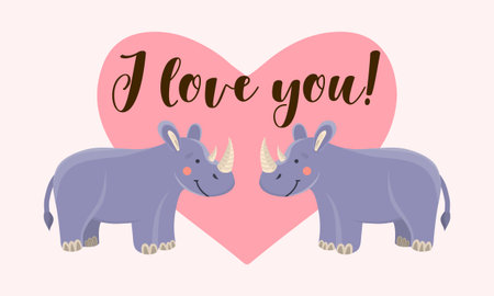 Postcard with two rhinoceros and a heart for February 14 and valentine s day. Valentine s day lettering. Horizontal card with the inscription I love you.のイラスト素材
