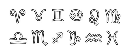 Vector doodle symbols of the zodiac signs. Zodiac signs. Vector Hand Drawn. Constellations. Aries, Taurus, Leo, Gemini, Virgo, Scorpio, Libra, Aquarius Sagittarius Pisces Capricorn Cancerのイラスト素材