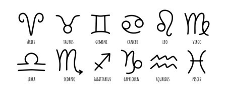Zodiac signs set isolated on white background. Star signs for astrology horoscope. Zodiac line stylized symbols. Astrological calendar collection, horoscope constellation vector illustration.のイラスト素材