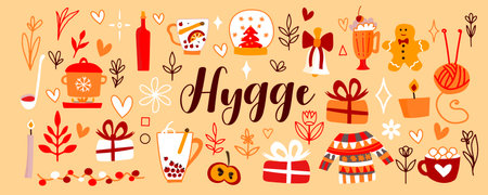 Vector cute illustrations for warm and cozy hugge design. Mulled wine, gifts, cocoa, warm red and yellow colors Illustration for your postcard, poster, flyerのイラスト素材