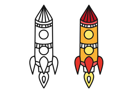 Coloring book for children with a rocket. Black and white coloring and color for children. Rocket launch into space. Coloring book and vector illustrationのイラスト素材