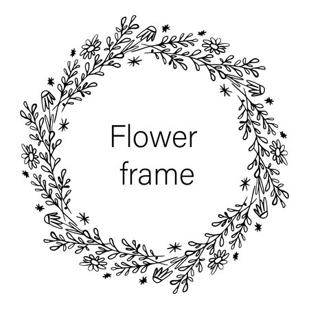 Vector floral frame hand drawn in doodle line style. Cute leaves and funny flowers for wedding invitations, cards, decoration and design. Black and white isolated.のイラスト素材