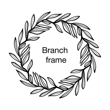 Vector endless branch frame, hand drawn in doodle line style. Leaves in a sketch for the design of cards or wedding invitations. Black color line wreath, isolated.のイラスト素材