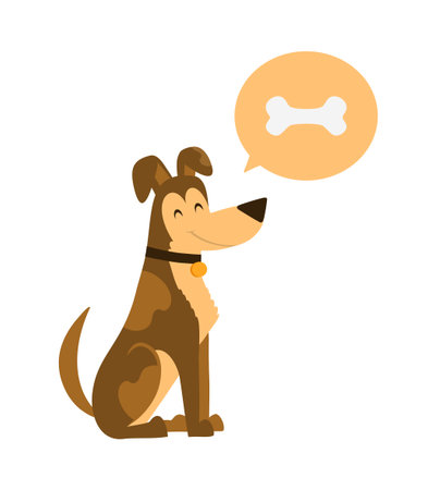 Cartoon brown dog sitting and thinking about the bone. dog in a funny style flat. Dear friend and pet. A pet with a large nose and tail.のイラスト素材
