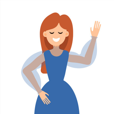 Young woman greets and waves. Human interaction concept. Vector flat style illustration, isolated, white background. A girl with long hair and a smile. Positive and cartoon styleのイラスト素材