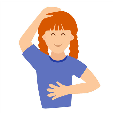 The girl does self-massage of the head and abdomen. Vector illustration in flat styleのイラスト素材