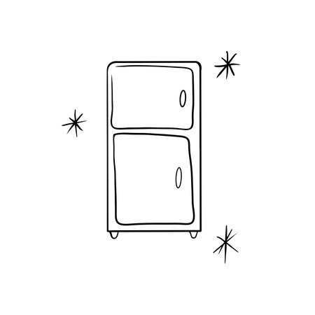 Refrigerator and snowflakes. Vector illustration in sketch style. Sketchy fridge on white background. Free hand drawn. Vector illustration.のイラスト素材