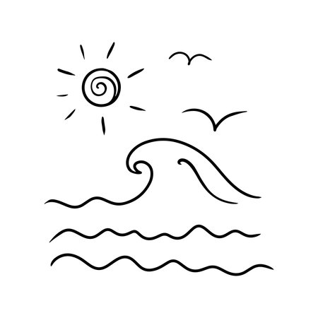 Sea with wave and sun. Flying seagulls. Drawing of a child. Doodle sketch isolated on white background. Hand drawn illustrationのイラスト素材