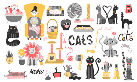Big vector set of illustrations of cats and their hobbies. Trendy set with flat style kittens. Cats and kittens, claws, balls and beds for cats.のイラスト素材