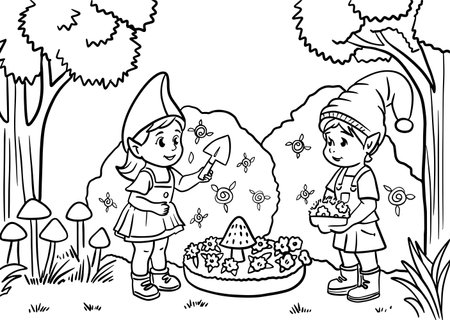 Two little gnomes planting flowers in the garden coloring bookのイラスト素材