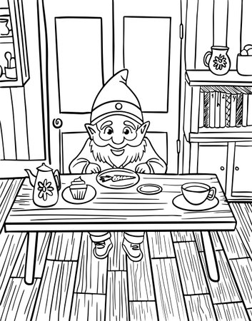 A gnome with a beard sits at the table and eats. Vector coloring book for children. Rustic interiorのイラスト素材