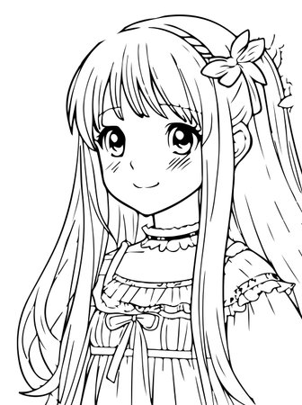 Young girl, a flower in long hair and a ruffled dress. Vector coloring page with cute cartoon anime girl, line artのイラスト素材