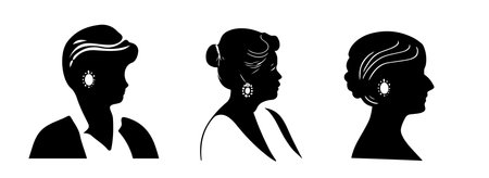 The female silhouette vector is in profile. Beautiful elderly lady with jewelry. Set of three silhouettes of elegant womenのイラスト素材
