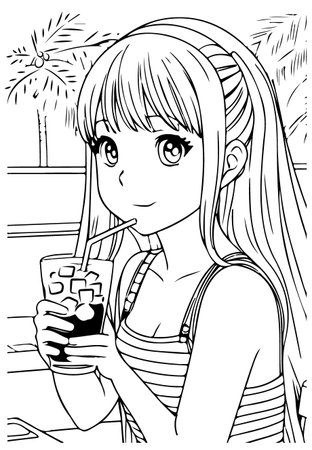 Cute girl drinking a drink with ice. Anime girl smiling, vector coloring for childrenのイラスト素材