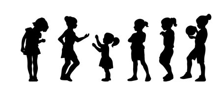 Silhouettes of girls who communicate and play. Sports games for children. Vector stencil for kids learning, school, kindergartenのイラスト素材
