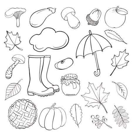 Set of hand drawn doodle elements about autumn. Cozy fall collection of drawings, outline vector drawing. Coloring bookのイラスト素材