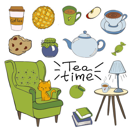 Cozy room, tea time set Cozy home things like tea, cat, chair, pillows, apple pie and other Danish happiness conceptのイラスト素材