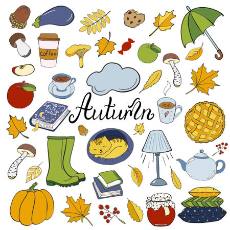 Set of hand drawn doodle elements about autumn. Cozy fall collection of drawings, vector drawing. Coloring bookのイラスト素材