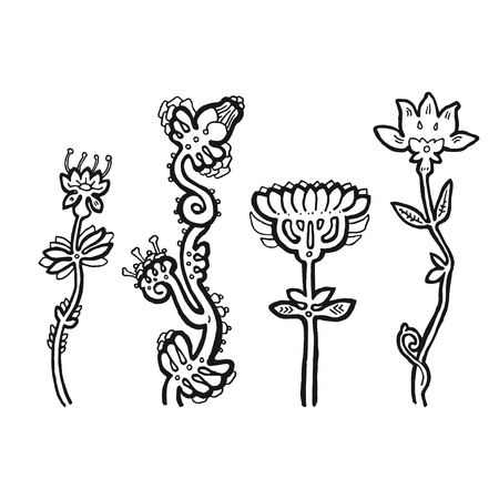 Four graphic stylized flowers on blue backgroundの写真素材