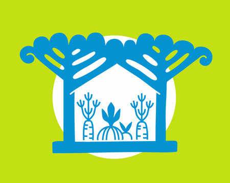 Logo eco vegetable house for vegan and vegetarian with onion and carrot tree and sun for clean foodの写真素材