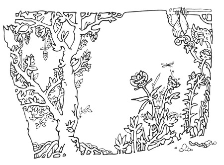 Graphic hand drawn forest, blue sky and a batの写真素材