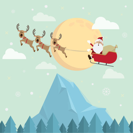 Christmas santa claus and reindeer snow moon night vectorのイラスト素材