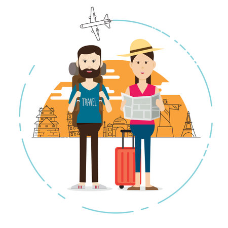 Travel landmark and character vector illustration.のイラスト素材