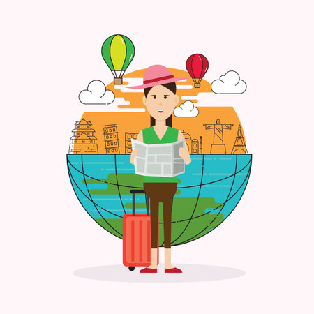 Travel landmark and character vector illustration.のイラスト素材