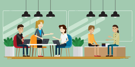 Group creative people working in co working. characters illustration vectorのイラスト素材
